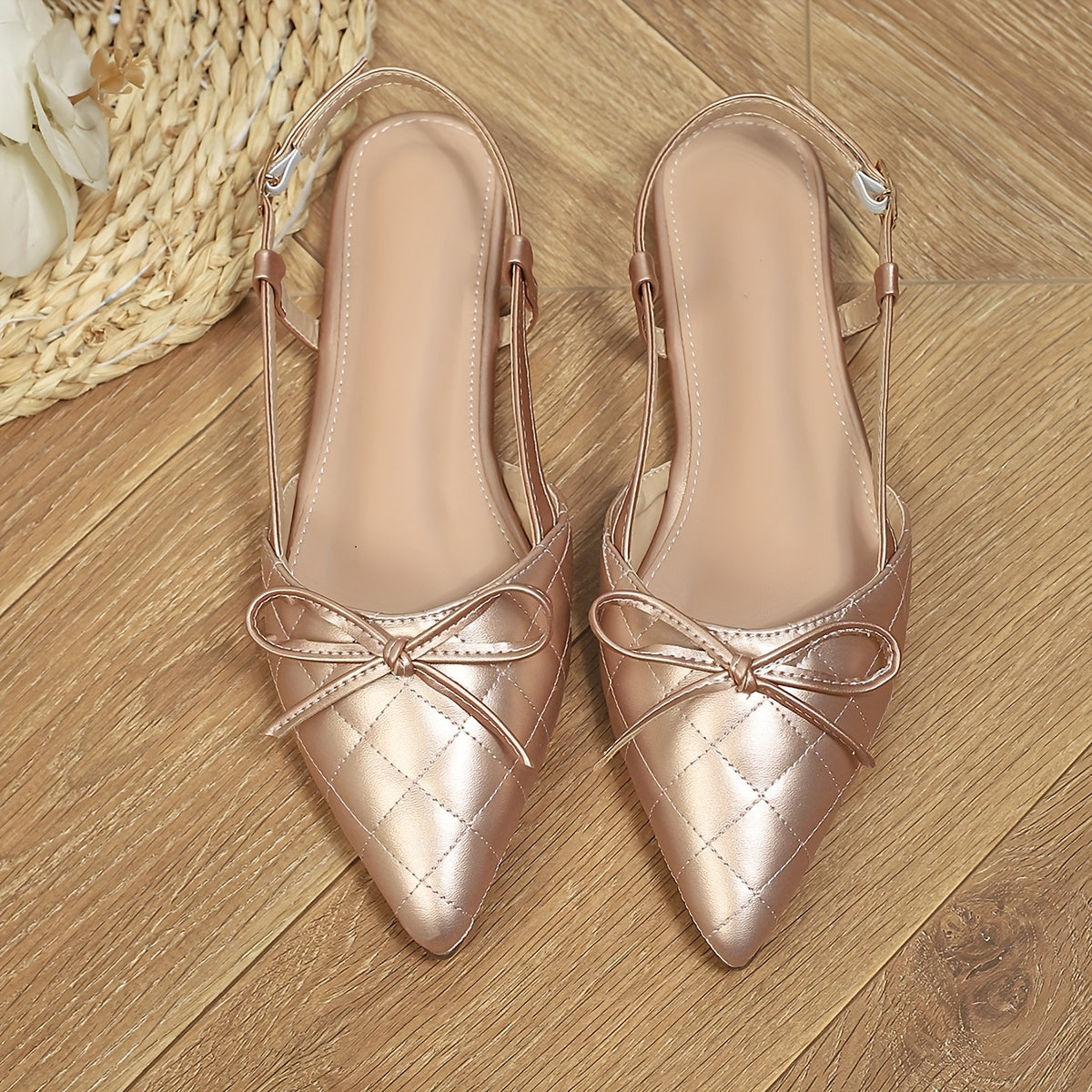 Women's Elegant Slip-On Pointed Toe Sandals with Bow Detail - Soft Flat Sole, Rose Golden PU Cover & Rubber Outfit-Boosting Flats for Dresses, Casual to Formal Events, Dress Shoes, Chic Footwear, Stylish Finish, Fashion Footwear, Stylish Women