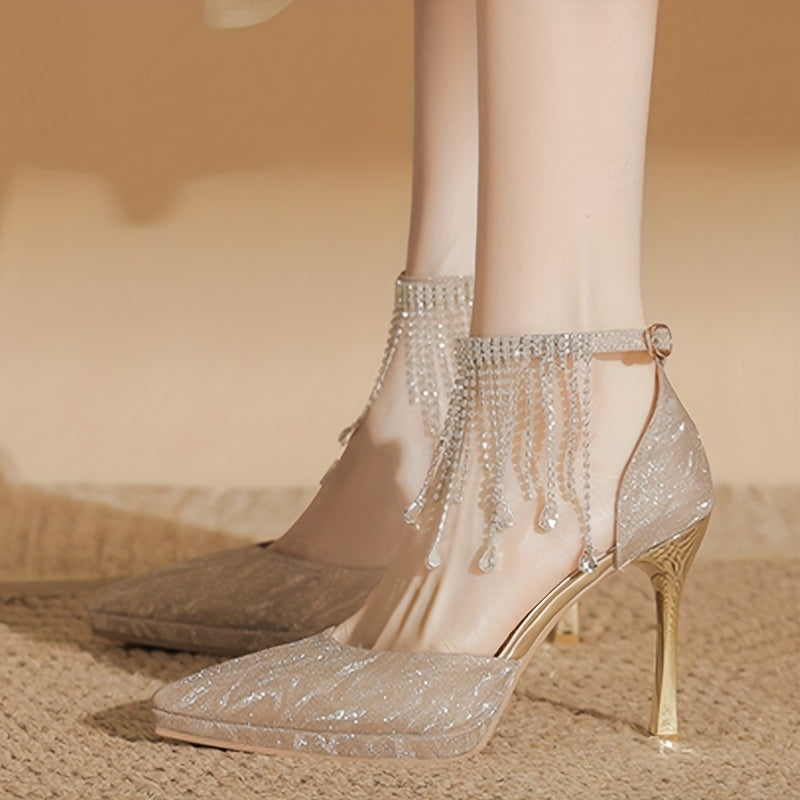 Elegant Women's Chunky Block Heel Pumps - Shimmering Fabric Upper with Tassel Ankle Strap, Ultra-High Summer Heels for Weddings & Formal Events, Synthetic Cover Lining & TPR Sole, Event Footwear | Elegant Design | Embellishments