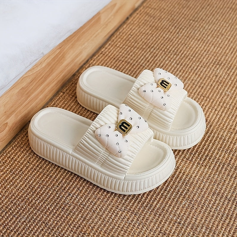 Summer Slippers Japanese & Korean Style Women's Apricot Bow EVA Slippers | Thick Sole