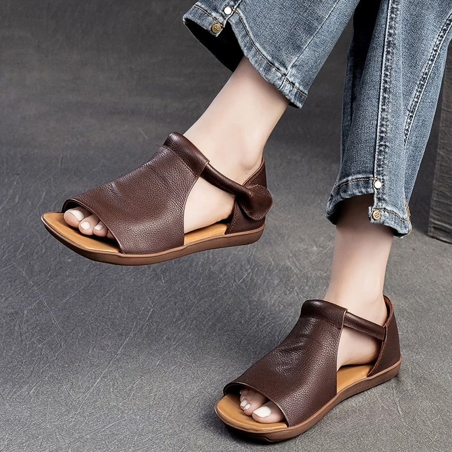 Comfortable Sandals Comfortable Brown PU Women's Summer Sandals | Open-Toe Flat Sandals with Adjustable Hook-and-Loop Strap, Soft Rubber Sole, Casual Strappy Sandals, Durable Footwear for All Seasons