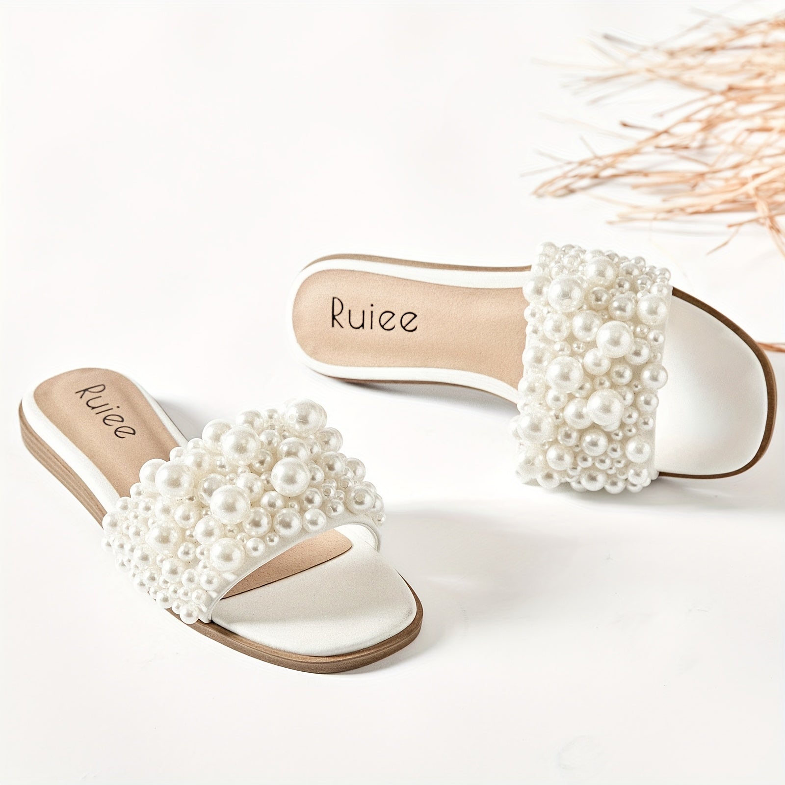 Women's -Embellished Flat Slides Sandals - Slip-On Open-Toe Summer Dressy Casual Shoes with PU Cover & TPR Sole, Comfortable White Footwear for Prom, Beach, Parties